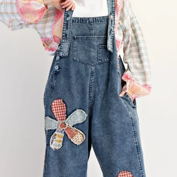 Easel Blue Denim Overalls with Whimsical Butterfly Accents - Picture 1 of 7